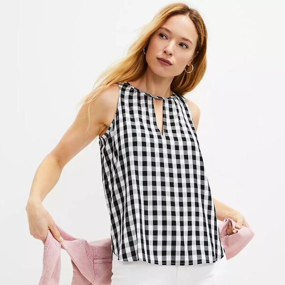 NWT LOFT | Gingham Tie Back Keyhole Shell Sleeveless Black & White | Size XS* - Picture 3 of 10
